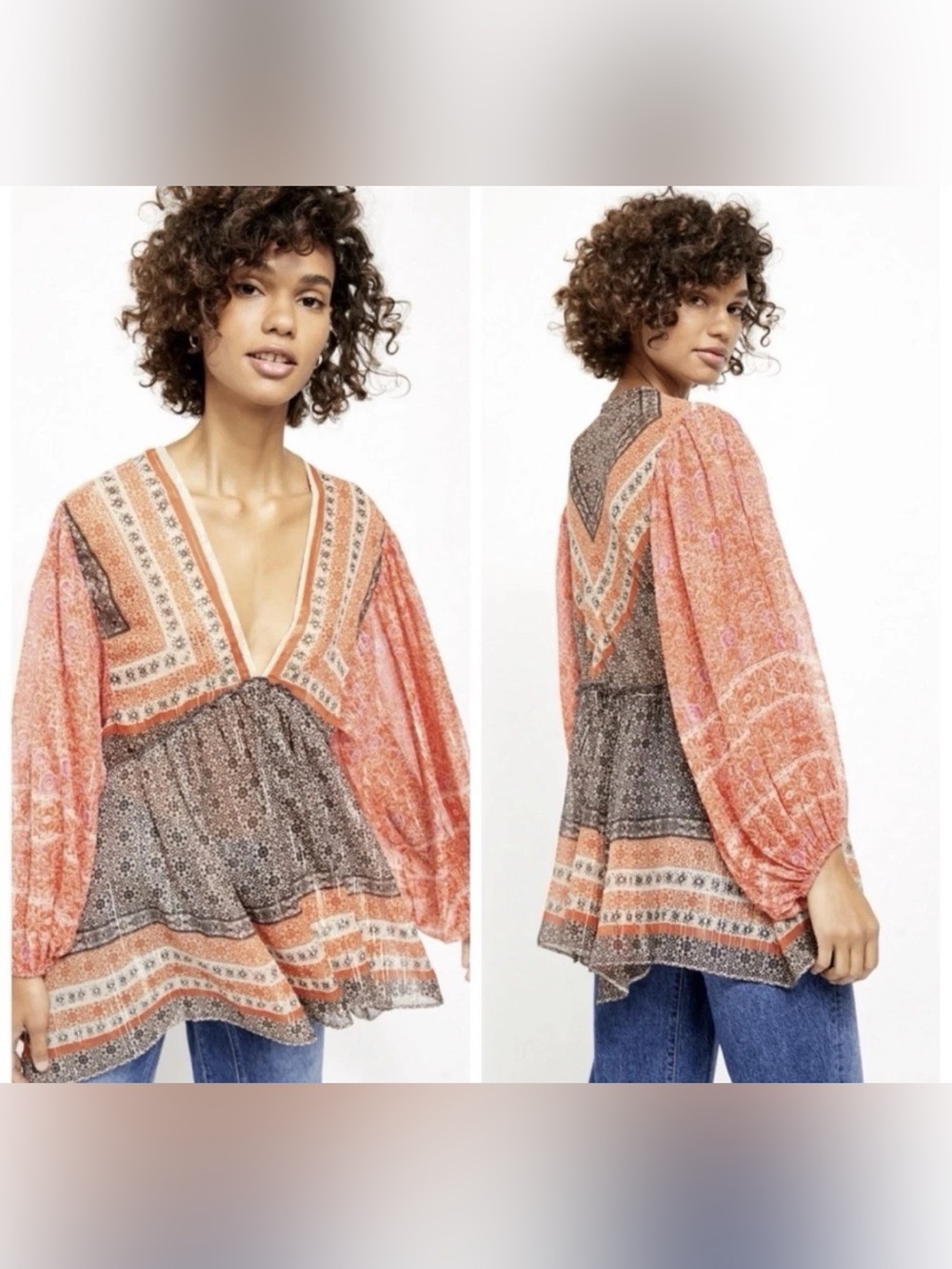 Free People Aliyah Orange Printed Boho Tunic with Balloon Sleeves